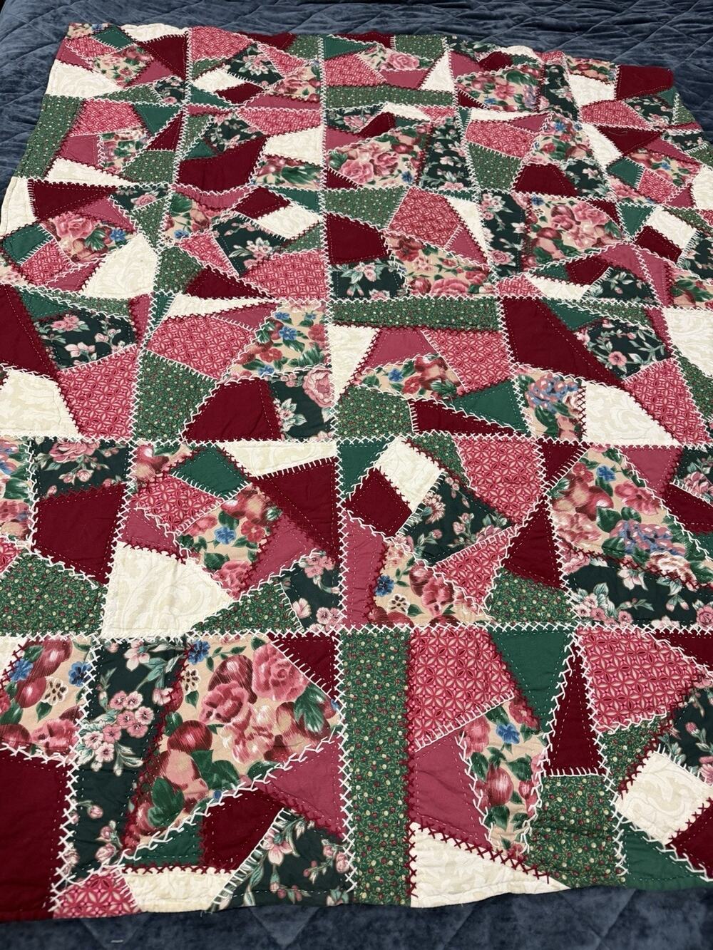 Vintage Red White Green Maroon Handmade Crazy Quilt 59in X 49in Christmas